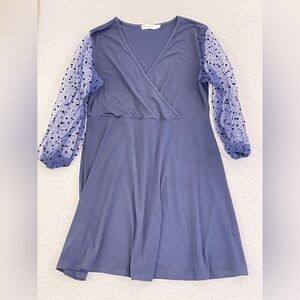 MCHIC Navy Blue Dress Sheer Polka‎ Dot Sleeve A Line Dress